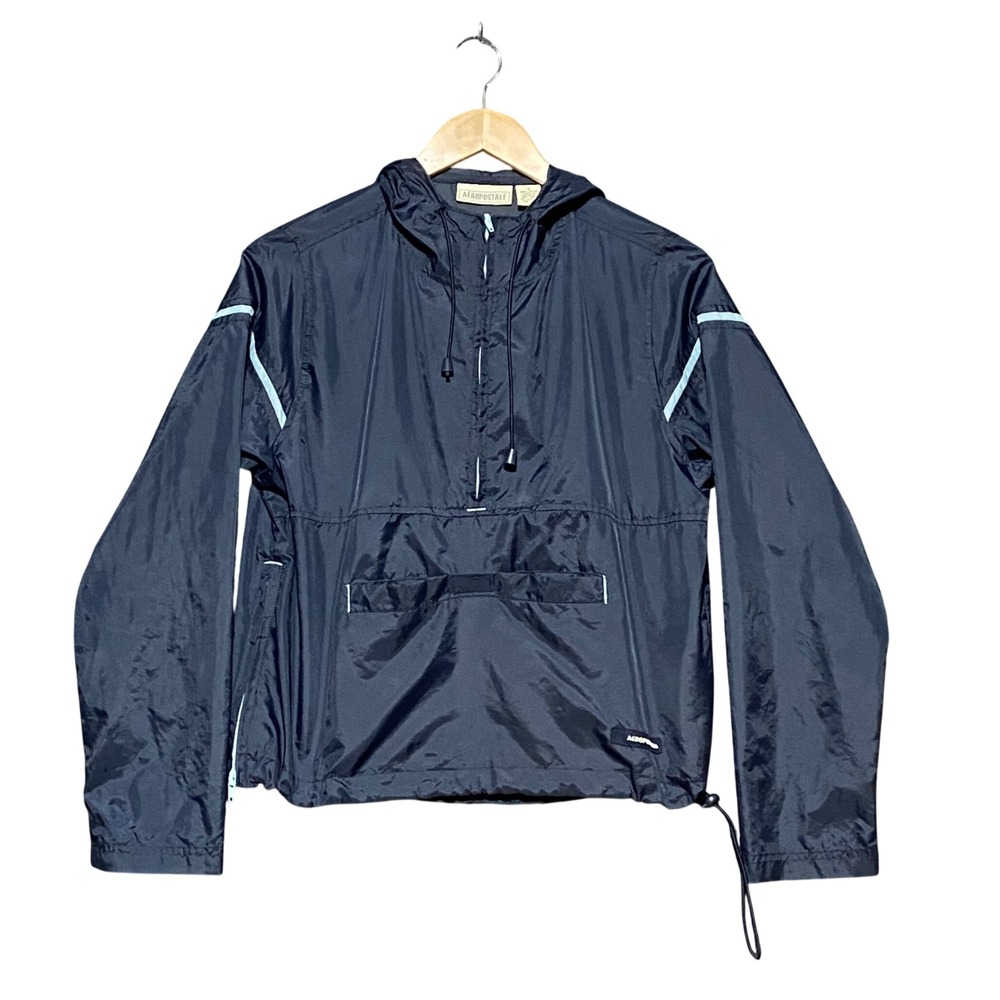 Aeropostale Blue Quarter Zip Hooded Windbreaker Jacket Small Reflective Packable